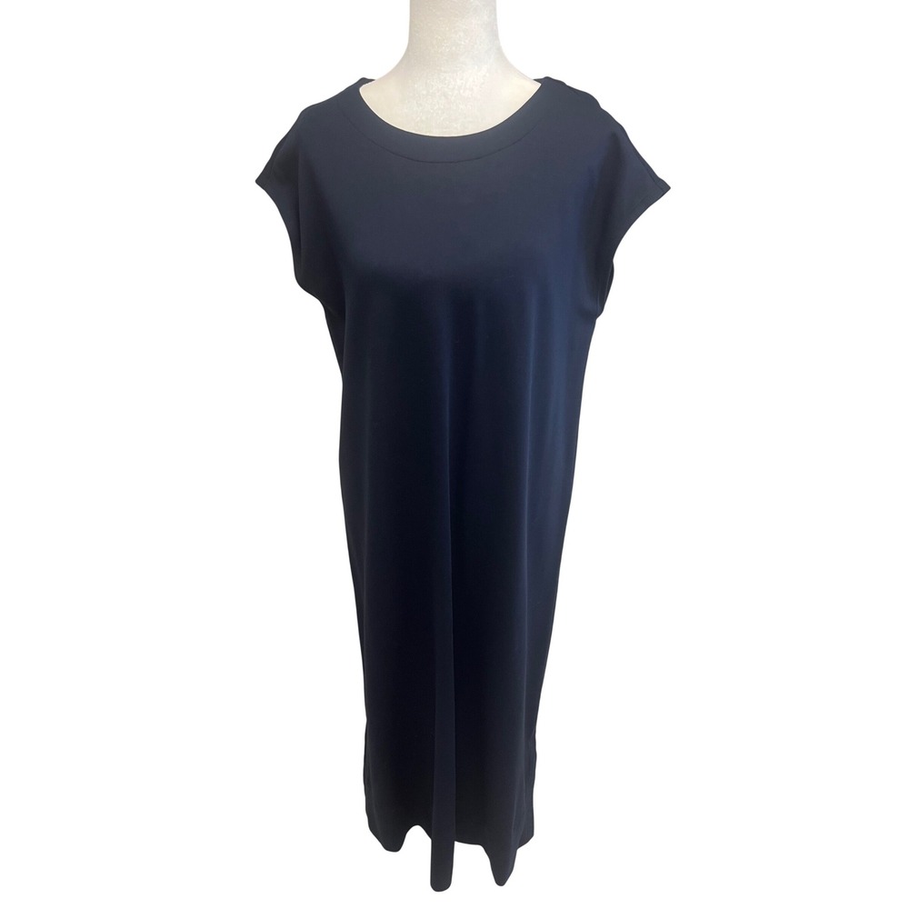 J. Jill Wearever Dress Navy Blue Maxi Shift Knit Side Button Sz S Minimalist